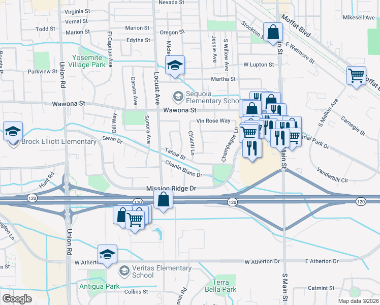 map of restaurants, bars, coffee shops, grocery stores, and more near 1161 Chianti Lane in Manteca