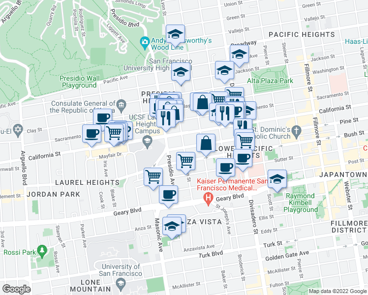map of restaurants, bars, coffee shops, grocery stores, and more near Pine St & Lyon St in San Francisco