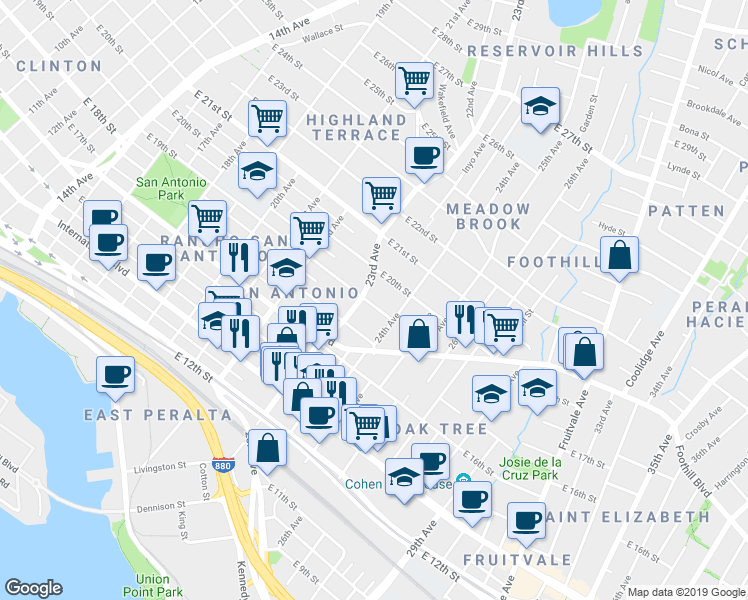 map of restaurants, bars, coffee shops, grocery stores, and more near 2314 East 19th Street in Oakland