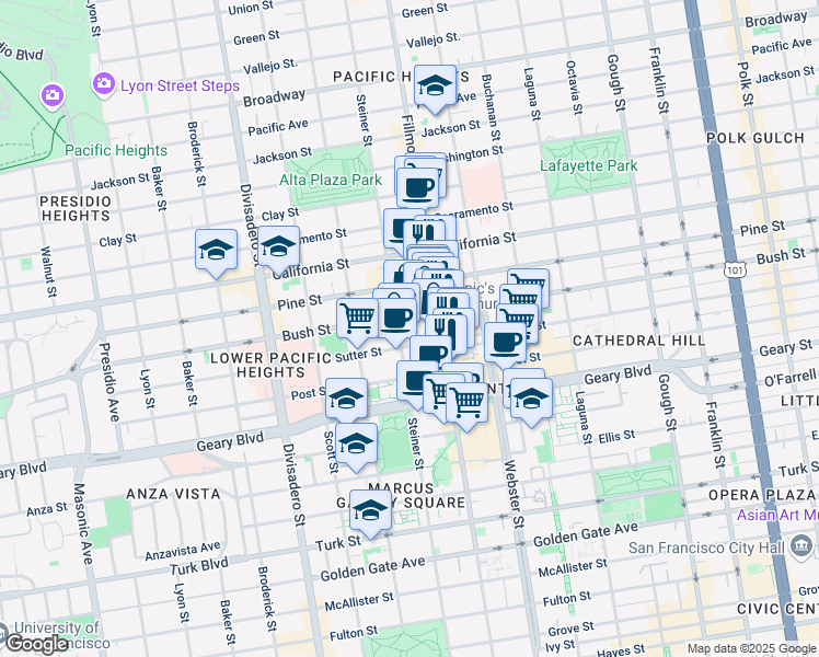 map of restaurants, bars, coffee shops, grocery stores, and more near 2299 Bush Street in San Francisco