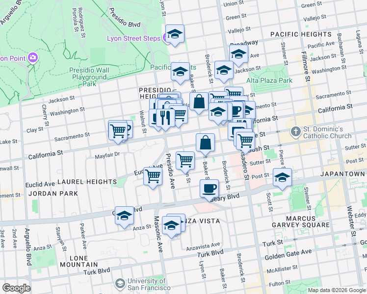 map of restaurants, bars, coffee shops, grocery stores, and more near Lyon Street in San Francisco