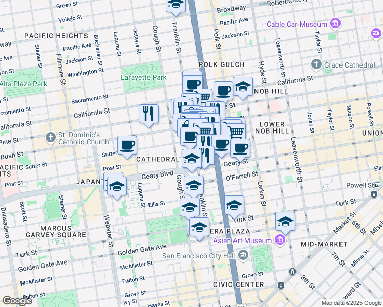 map of restaurants, bars, coffee shops, grocery stores, and more near 1302 Post Street in San Francisco