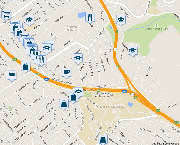 map of restaurants, bars, coffee shops, grocery stores, and more near 3846 Buell Street in Oakland