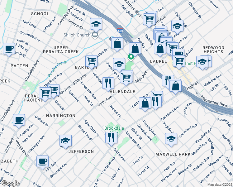 map of restaurants, bars, coffee shops, grocery stores, and more near in Oakland
