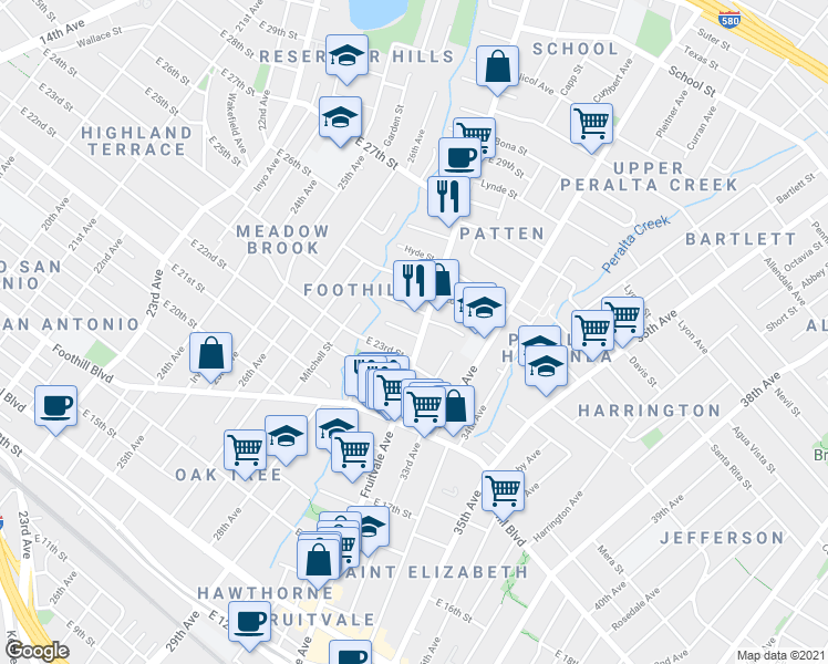 map of restaurants, bars, coffee shops, grocery stores, and more near 3209 Galindo Street in Oakland