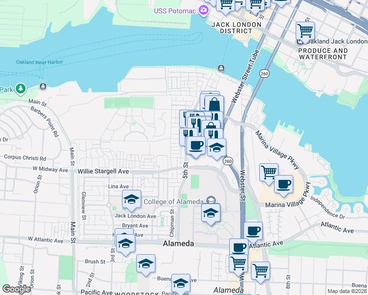 map of restaurants, bars, coffee shops, grocery stores, and more near 2683 Fifth Street in Alameda