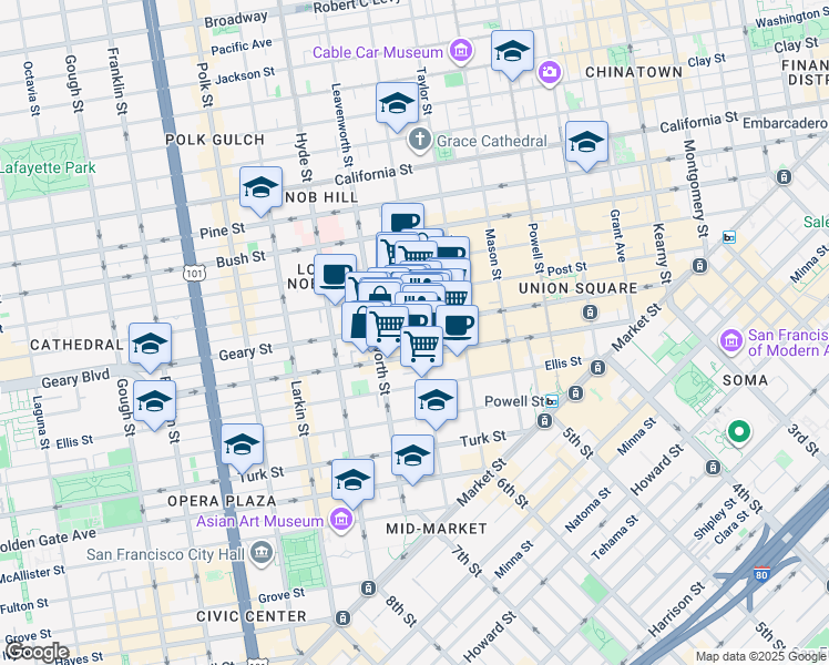 map of restaurants, bars, coffee shops, grocery stores, and more near in San Francisco