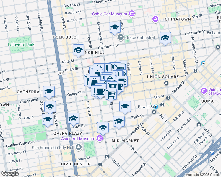 map of restaurants, bars, coffee shops, grocery stores, and more near in San Francisco