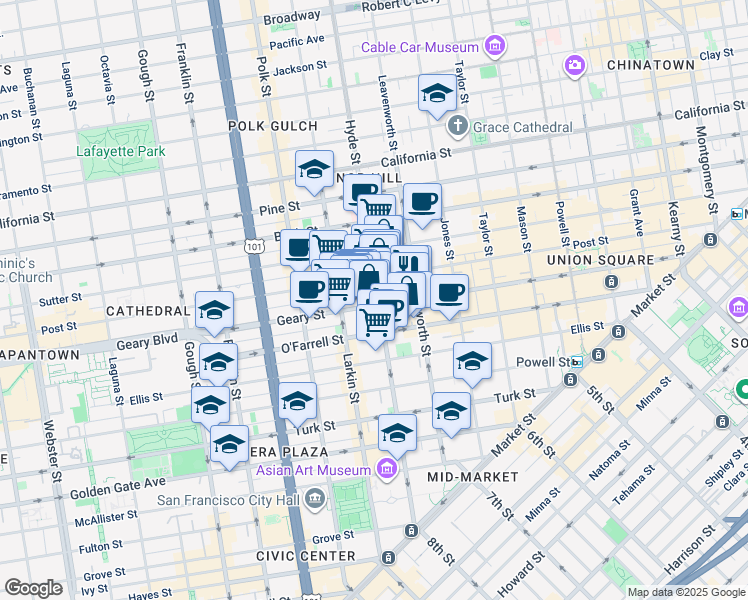 map of restaurants, bars, coffee shops, grocery stores, and more near 610 Hyde Street in San Francisco