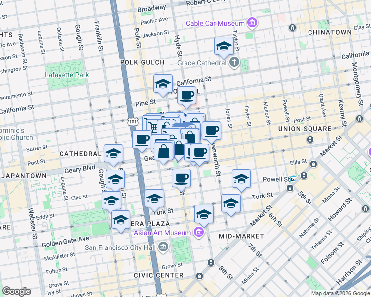 map of restaurants, bars, coffee shops, grocery stores, and more near 920 Larkin Street in San Francisco