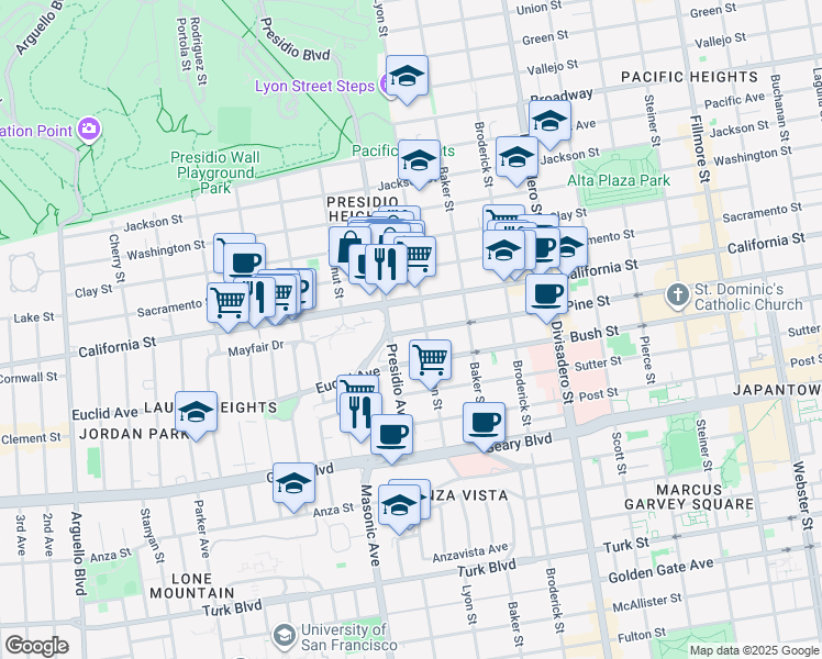 map of restaurants, bars, coffee shops, grocery stores, and more near 560 Presidio Avenue in San Francisco