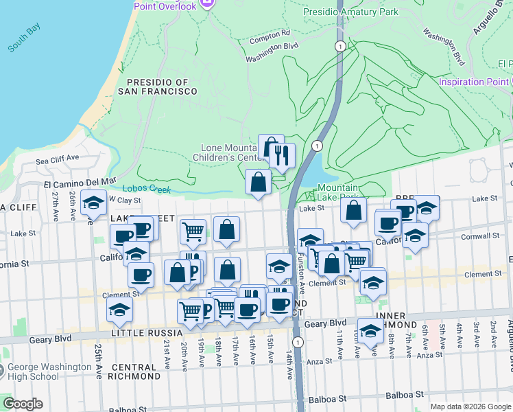 map of restaurants, bars, coffee shops, grocery stores, and more near 1434 Lake Street in San Francisco
