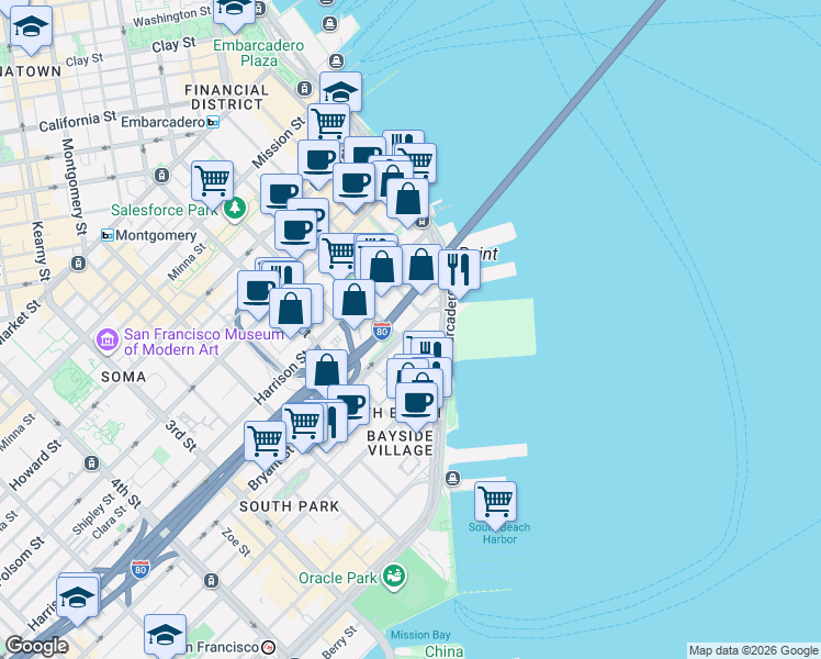 map of restaurants, bars, coffee shops, grocery stores, and more near 83 Bryant Street in San Francisco