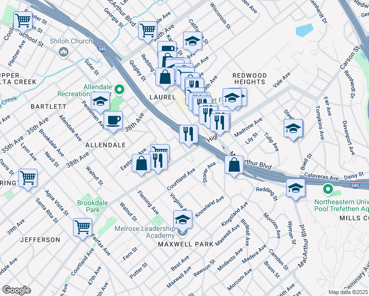 map of restaurants, bars, coffee shops, grocery stores, and more near 3403 High Street in Oakland