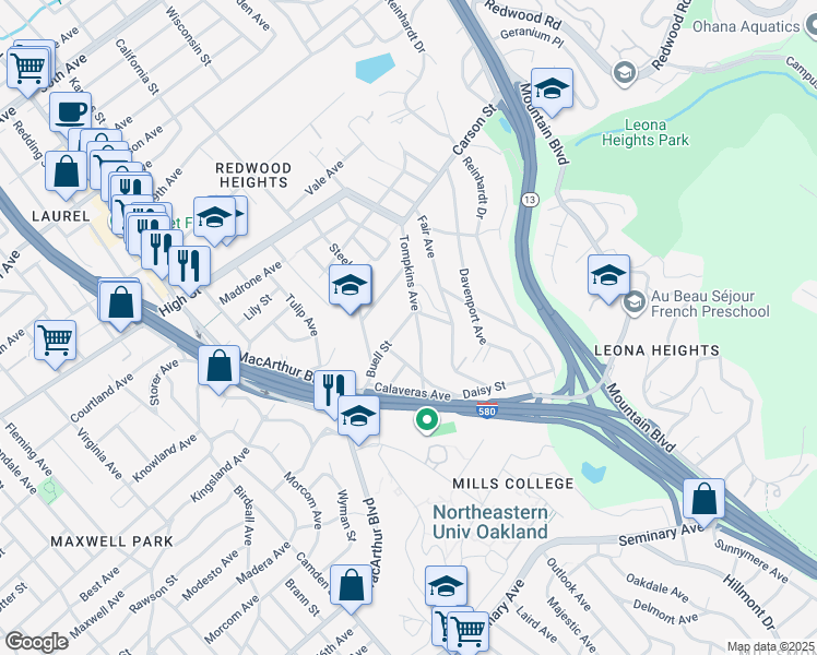 map of restaurants, bars, coffee shops, grocery stores, and more near 3846 Buell Street in Oakland