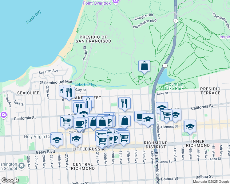 map of restaurants, bars, coffee shops, grocery stores, and more near 27 18th Avenue in San Francisco