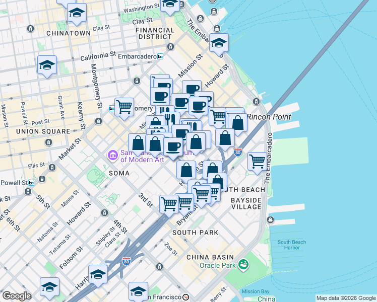 map of restaurants, bars, coffee shops, grocery stores, and more near 346 1st Street in San Francisco