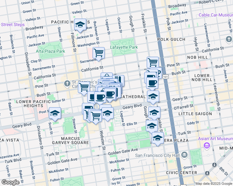 map of restaurants, bars, coffee shops, grocery stores, and more near 1691 Laguna Street in San Francisco