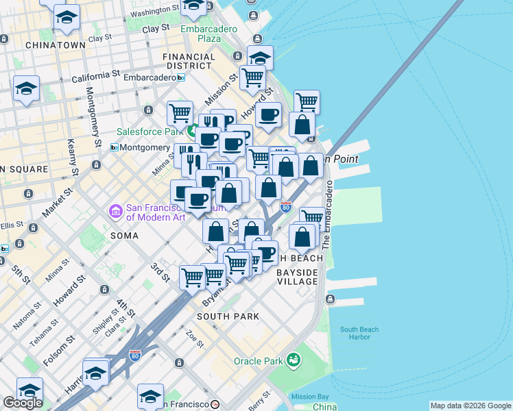 map of restaurants, bars, coffee shops, grocery stores, and more near 340 Fremont Street in San Francisco