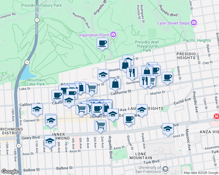 map of restaurants, bars, coffee shops, grocery stores, and more near 200 Arguello Boulevard in San Francisco