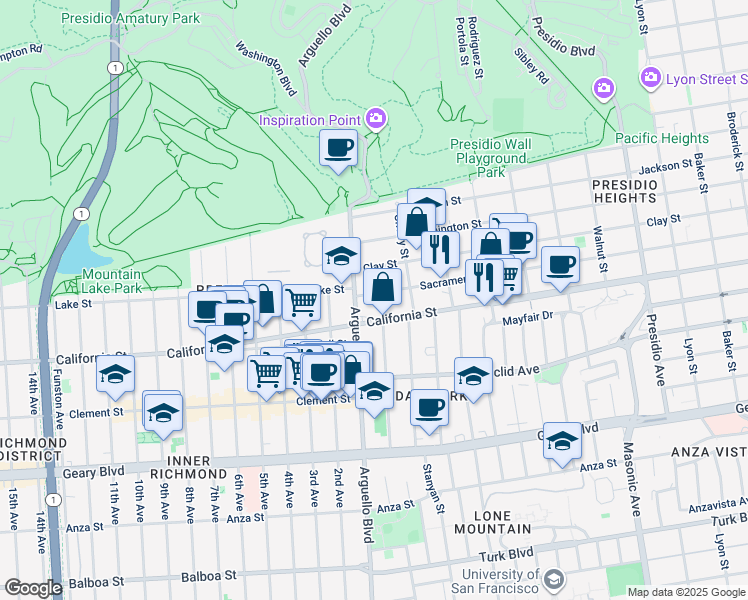 map of restaurants, bars, coffee shops, grocery stores, and more near 3967 Sacramento Street in San Francisco