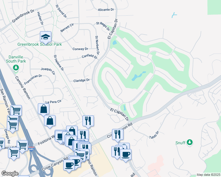 map of restaurants, bars, coffee shops, grocery stores, and more near 1967 Rancho Verde Circle East in Danville