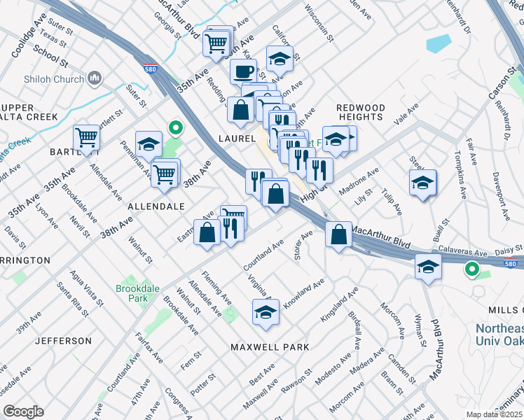 map of restaurants, bars, coffee shops, grocery stores, and more near 4251 Porter Street in Oakland