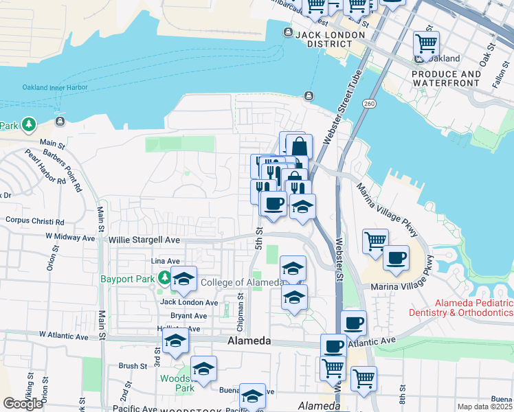 map of restaurants, bars, coffee shops, grocery stores, and more near 2683 Fifth Street in Alameda