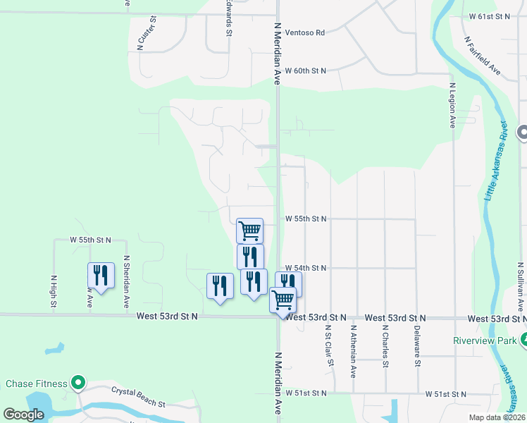 map of restaurants, bars, coffee shops, grocery stores, and more near 5601-5625 North Meridian Avenue in Wichita