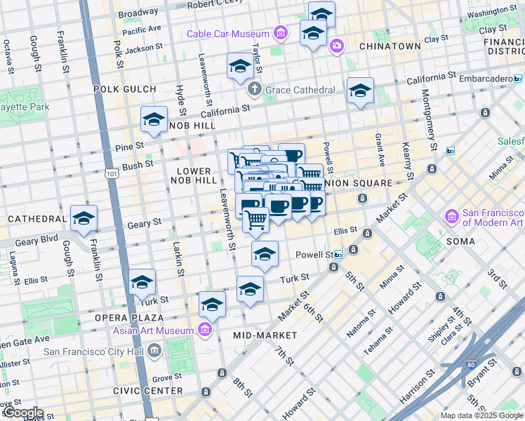 map of restaurants, bars, coffee shops, grocery stores, and more near 34 Shannon Street in San Francisco