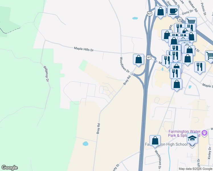 map of restaurants, bars, coffee shops, grocery stores, and more near 432 Shade Tree Lane in Farmington