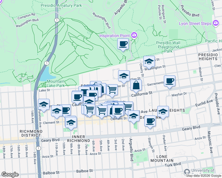 map of restaurants, bars, coffee shops, grocery stores, and more near 115 3rd Avenue in San Francisco