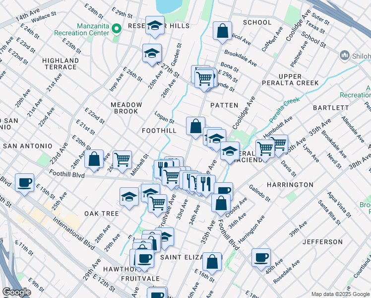 map of restaurants, bars, coffee shops, grocery stores, and more near 3209 Galindo Street in Oakland