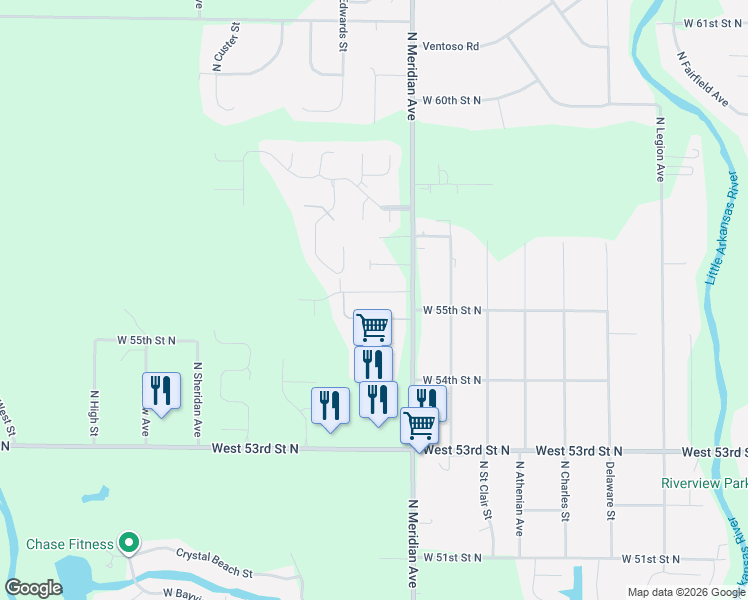 map of restaurants, bars, coffee shops, grocery stores, and more near 2623 West 55th Circle North in Wichita