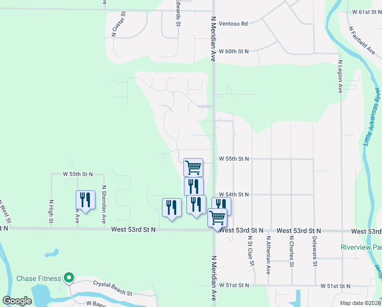 map of restaurants, bars, coffee shops, grocery stores, and more near 2623 West 55th Circle North in Wichita