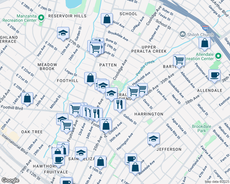 map of restaurants, bars, coffee shops, grocery stores, and more near 34th Avenue & Salisbury Street in Oakland