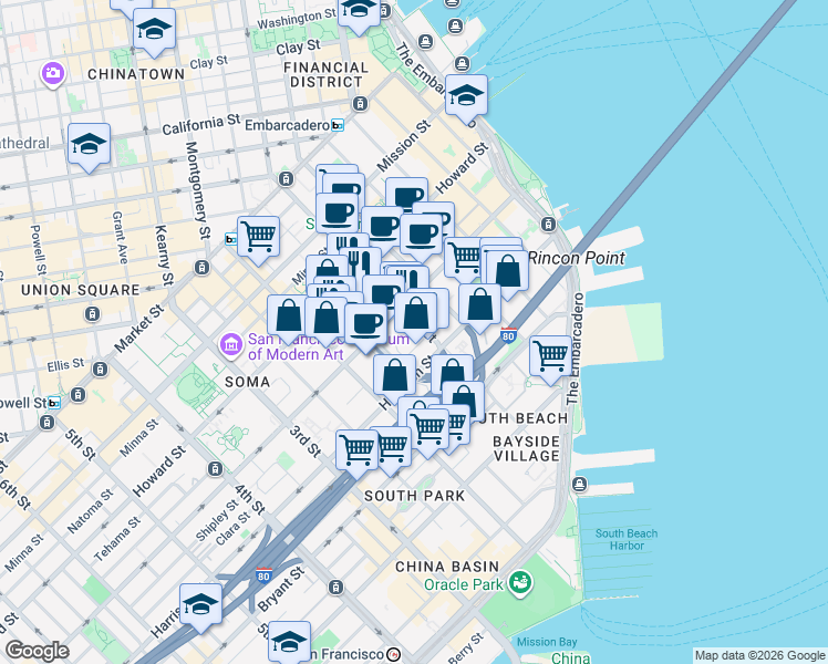 map of restaurants, bars, coffee shops, grocery stores, and more near 346 1st Street in San Francisco