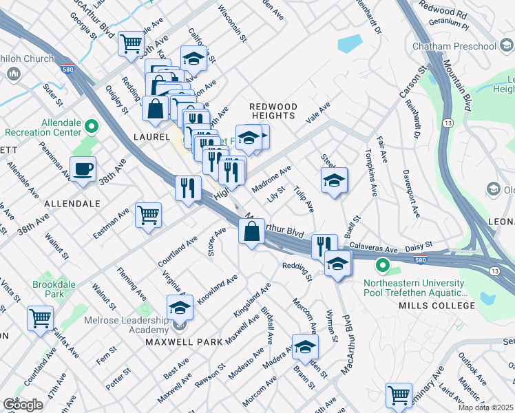 map of restaurants, bars, coffee shops, grocery stores, and more near 4435 Masterson Street in Oakland