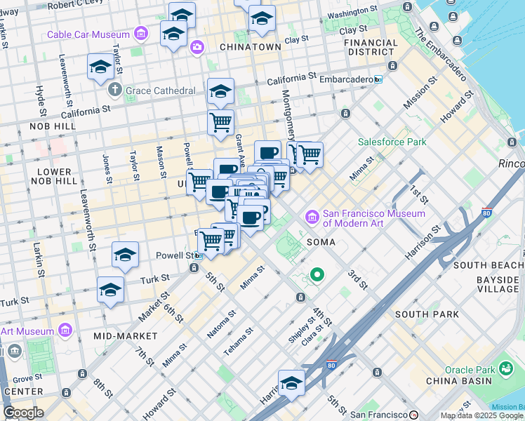 map of restaurants, bars, coffee shops, grocery stores, and more near 735 Market Street in San Francisco