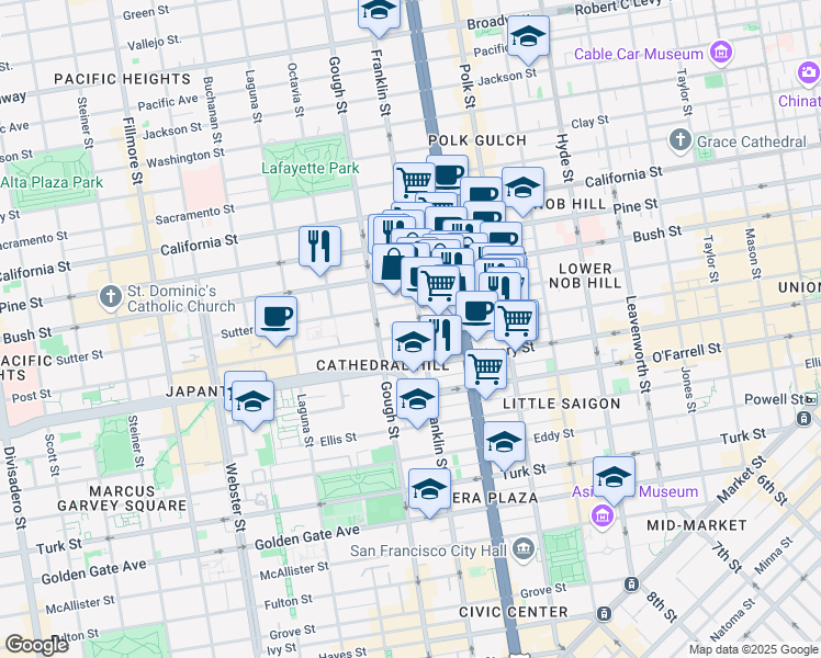 map of restaurants, bars, coffee shops, grocery stores, and more near 1302 Post Street in San Francisco