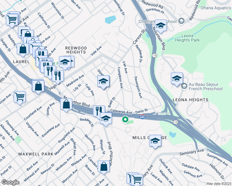 map of restaurants, bars, coffee shops, grocery stores, and more near 3835 Buell Street in Oakland