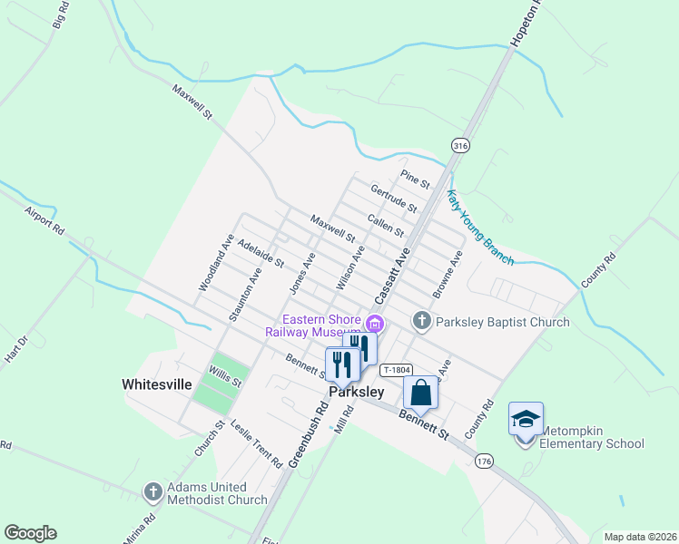 map of restaurants, bars, coffee shops, grocery stores, and more near 18374 Wilson Avenue in Parksley