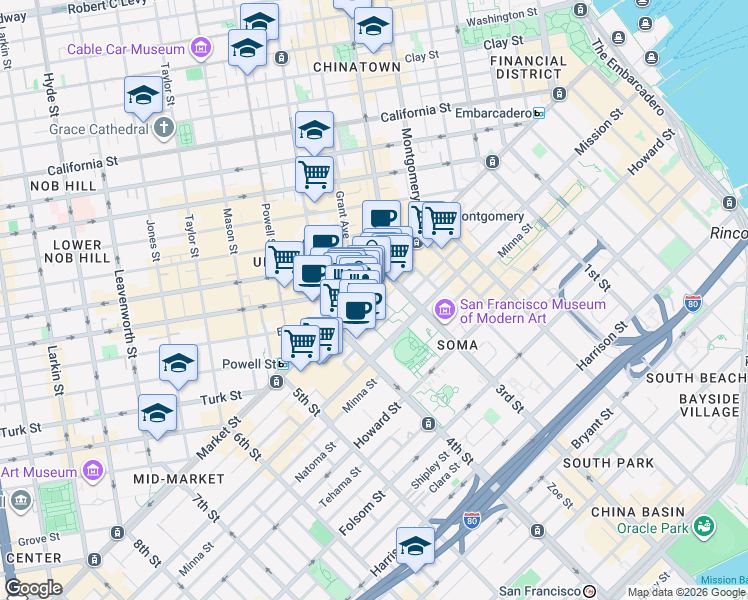 map of restaurants, bars, coffee shops, grocery stores, and more near 757 Market Street in San Francisco