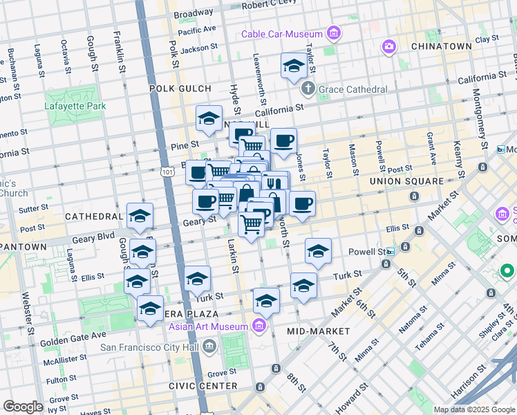 map of restaurants, bars, coffee shops, grocery stores, and more near 610 Hyde Street in San Francisco