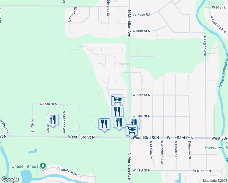 map of restaurants, bars, coffee shops, grocery stores, and more near 2623 West 55th Circle North in Wichita