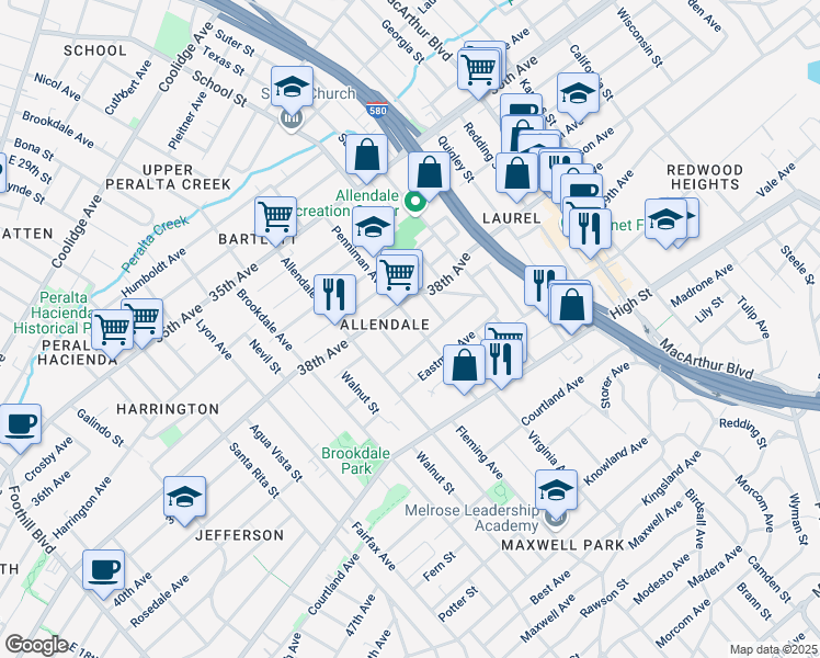map of restaurants, bars, coffee shops, grocery stores, and more near 3915 Penniman Avenue in Oakland
