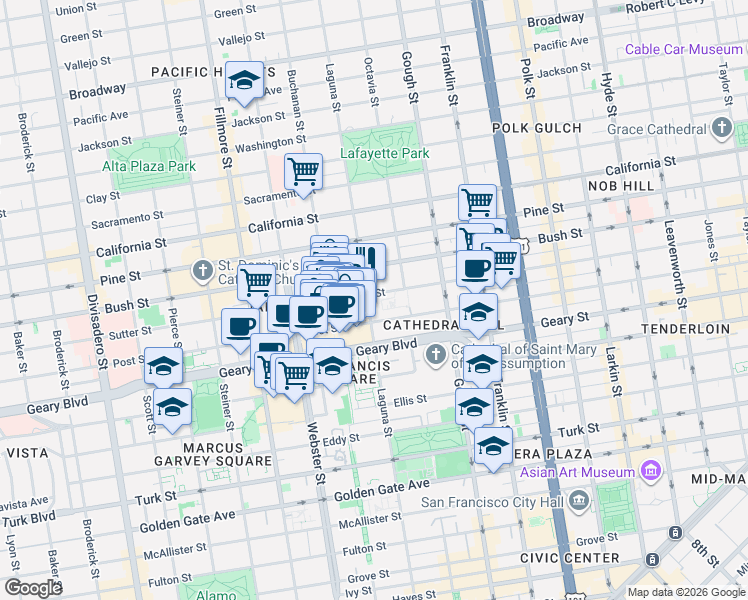 map of restaurants, bars, coffee shops, grocery stores, and more near 1685 Sutter Street in San Francisco