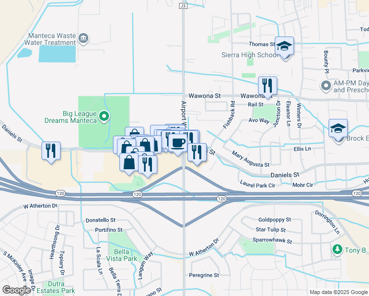 map of restaurants, bars, coffee shops, grocery stores, and more near 2360 Daniels Street in Manteca