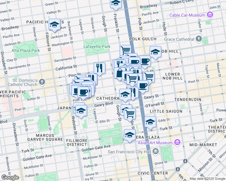 map of restaurants, bars, coffee shops, grocery stores, and more near 1407 Gough Street in San Francisco