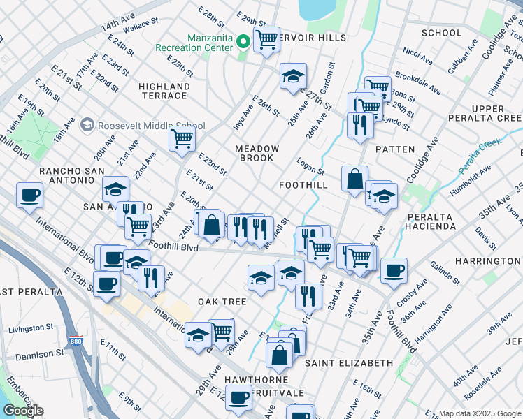 map of restaurants, bars, coffee shops, grocery stores, and more near 2124 26th Avenue in Oakland